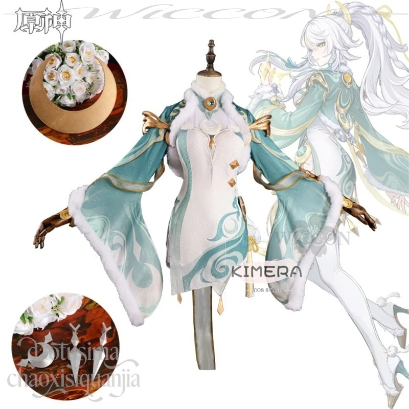 Anime Game Genshin Impact Cosplay Zibai Retro Uniform Chinese Fairy Green Dress Qipao Cheongsam White Wigs Halloween Christmas view 2