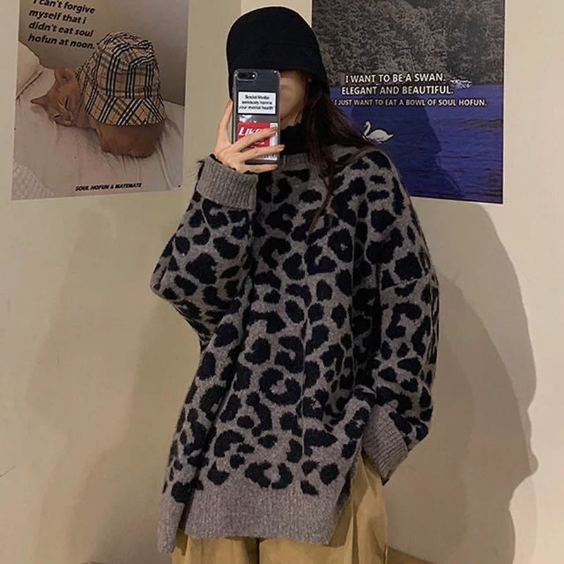 Leopard Sweaters Women All-match Autumn Vintage Thick Warm Knitted Pullovers Female Loose Knitwear Basic Fashion Cozy Hipster BF