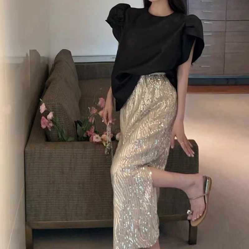 

Two-piece skirt summer new black bubble sleeve short-sleeved shirt top+fairy sparkling sequined hip skirt