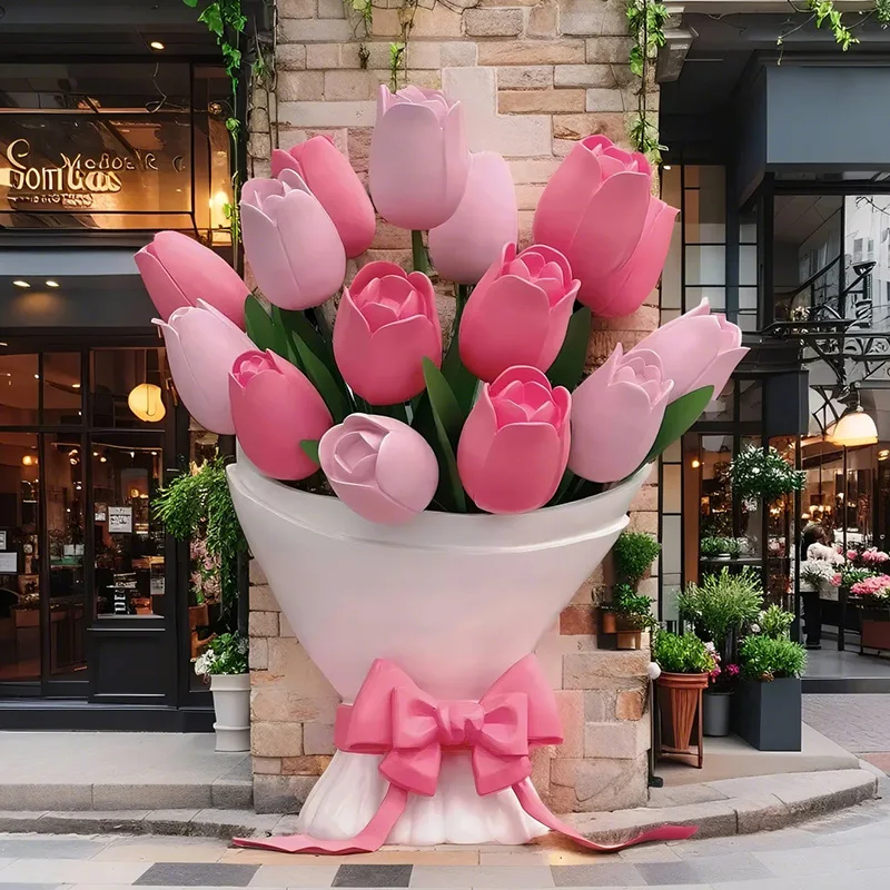 FRP simulated bouquet tulip sculpture ornament outdoor landscape Valentine's Day commercial street scenic clock in Meichen