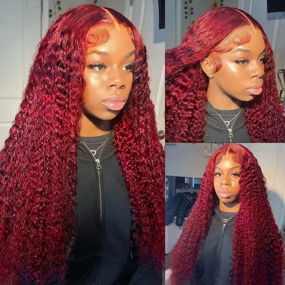 99J Burgundy  Lace Frontal Wig 200% Water Wave Curly 13x4 Red Remy Human Hair Preplucked Brazilian Colored Hair Wigs For Women