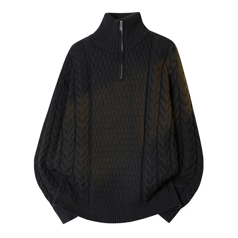 

Retro American f Zip Knitwear Long Sve Stand Collar Casual Loose Fit Men's Top Trendy Open Cardigan Polyester Fiber