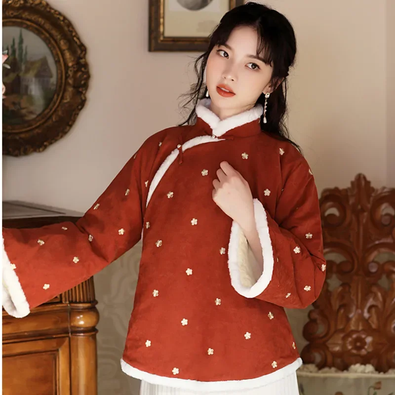 

Vintage Coat Thicken Chinese Tang Suit Short Women Ethnic Style Loose New Orange Red Padded Jacket Oriental Traditional Harajuku
