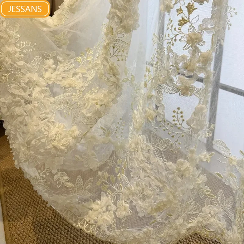 New Heavy Industry Embroidery Flower Petal Trailing French Window Bedroom Living Room Embroidery Window Screen White