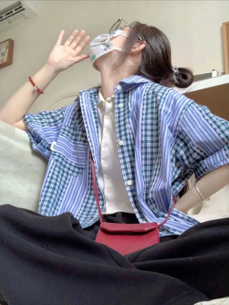 

Fashion Vintage Shirts Turn Down Collar Short Sleeve Pockets Single Breasted Plaid Blouses Summer All Match 2025 Women Clothing