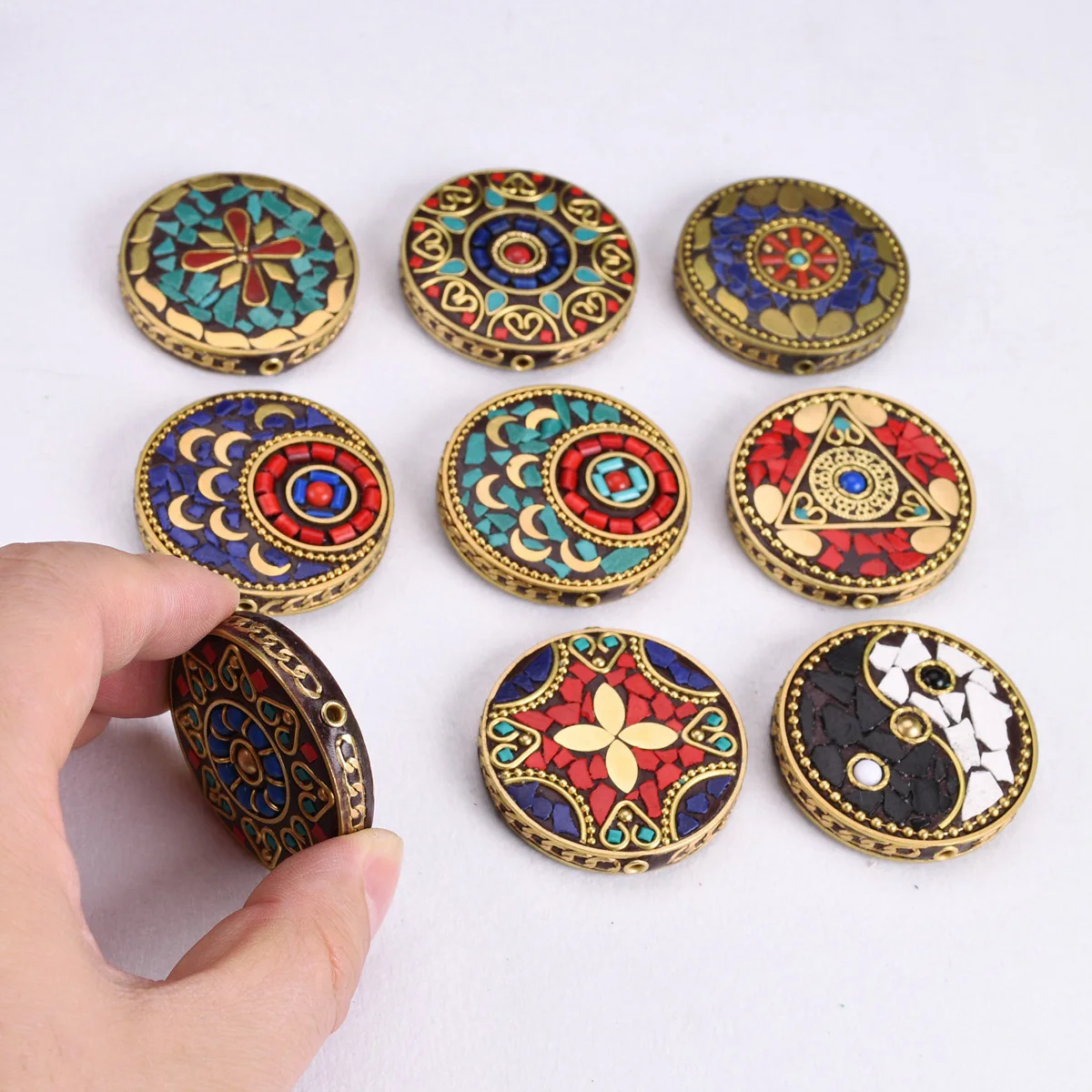 Nepalese Buddhist Handmade Flat Round 44mm Tibetan Brass Metal & Clay Loose Craft Beads for Jewelry Making DIY Necklace