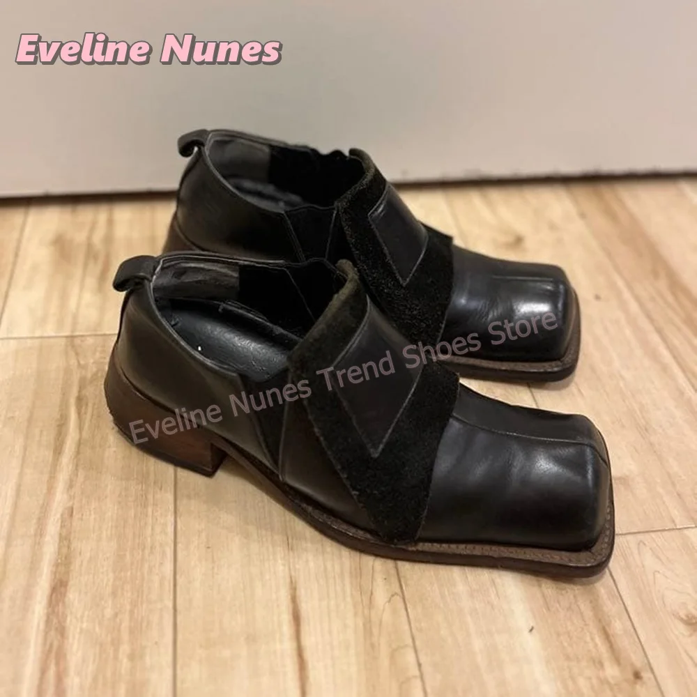 Women Retro Square Toe Fashion Pumps Chunky Heels Faux Suede Slip On Patchwork Vintage Platform Casual Office Walking Loafers