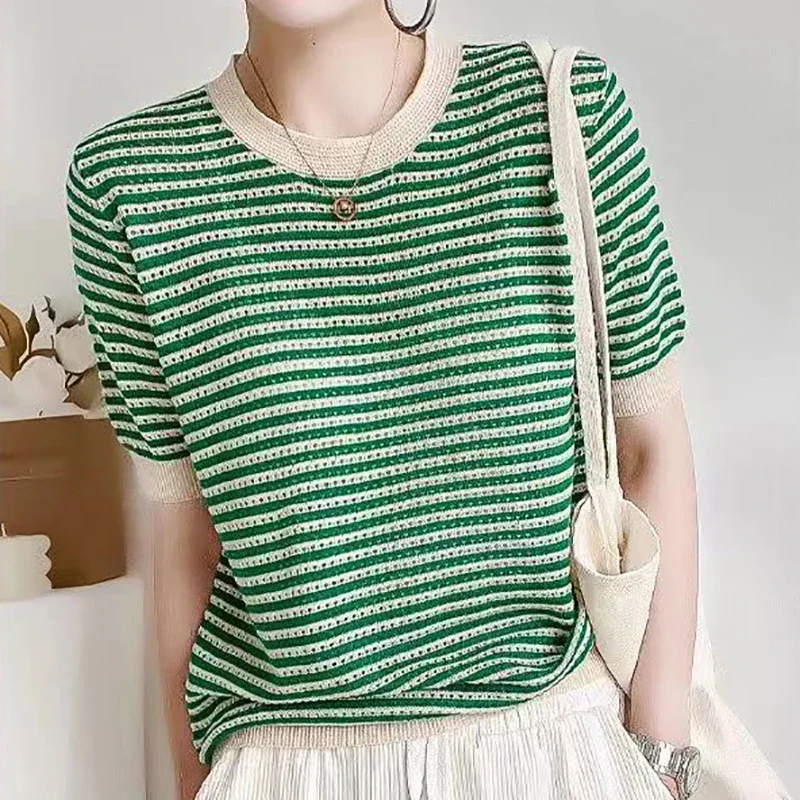 T Shirt For Women Knitted Hollow Out Thin Striped Tshirt Summer Tops Casual Round Neck Tee Shirt Femme T Shirts Womens Clothing