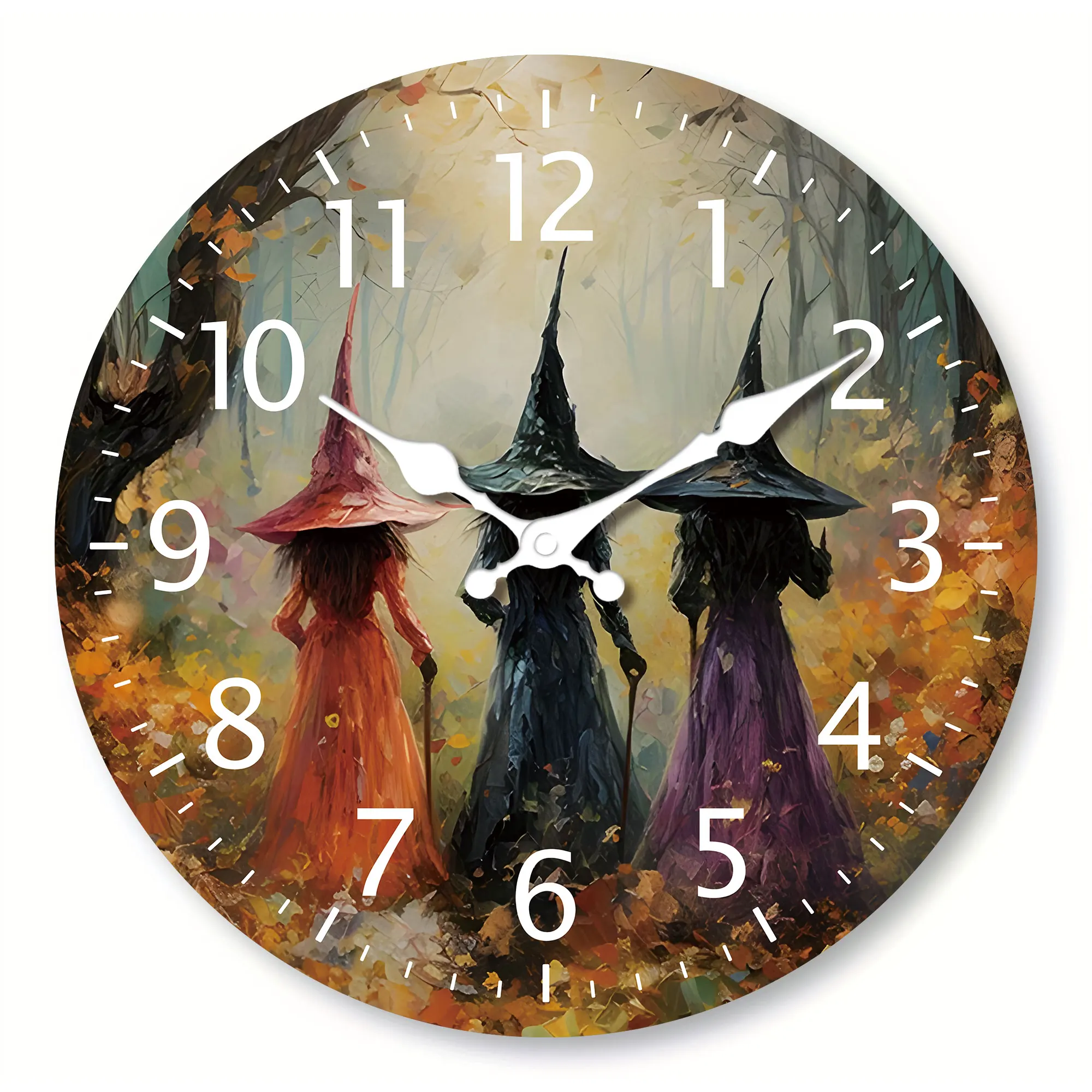 1 Stück schöne Hexen-Wanduhr, drei Hexen Great Gathering Landschaftsölgemälde-Stil Design-Wanduhr, rundes Holzgold
