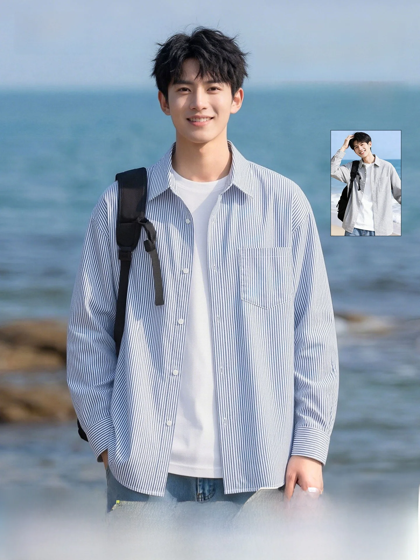 

Snow Mid-Flight Men's Casual Oxford Cloth Shirt Spring 2026 New Style Long Sleeve Collared Striped Jacket for Youth And Students