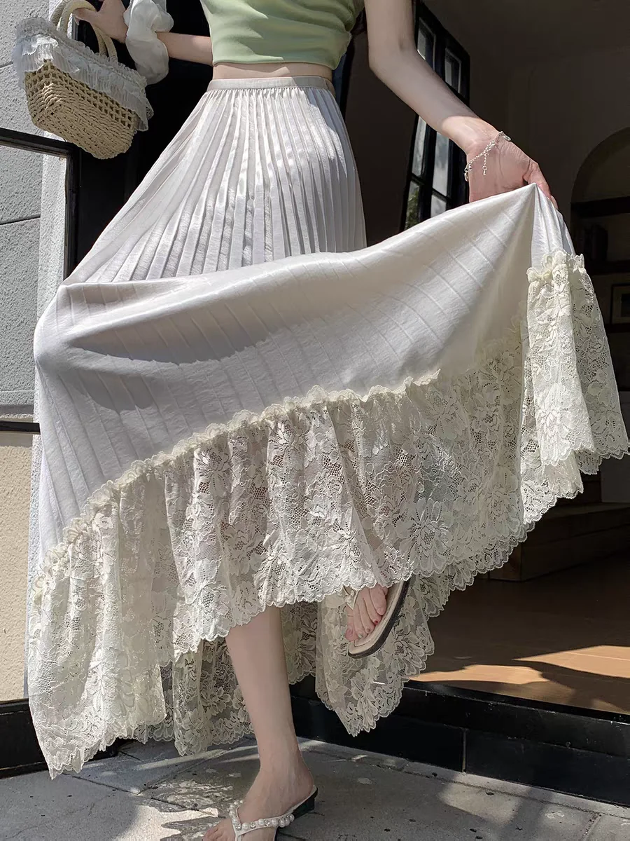 

Ацетатная юбка А-силуэта с кружевными вставками, новинка лета 2026, для девочек, с высокой талией, плиссированная, миди/макси, струящаяся, элегантная, в уличном стиле