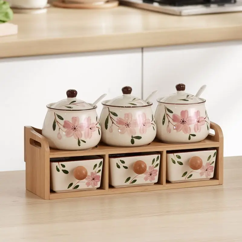 Household kitchen seasoning box combination set seasoning jar ceramic salt jar seasoning box double drawer with bamboo