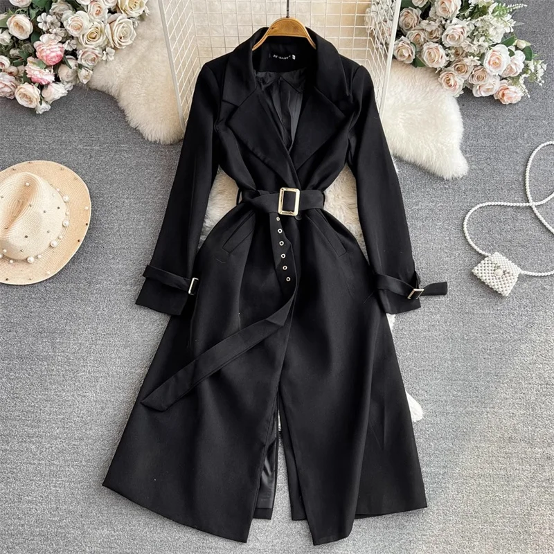 French Hepburn style Long Blazer Dress Full Sleeve Suit Colllar Waistband Slim Split A-Line Trench Coat Elegant Outerwear Z3958