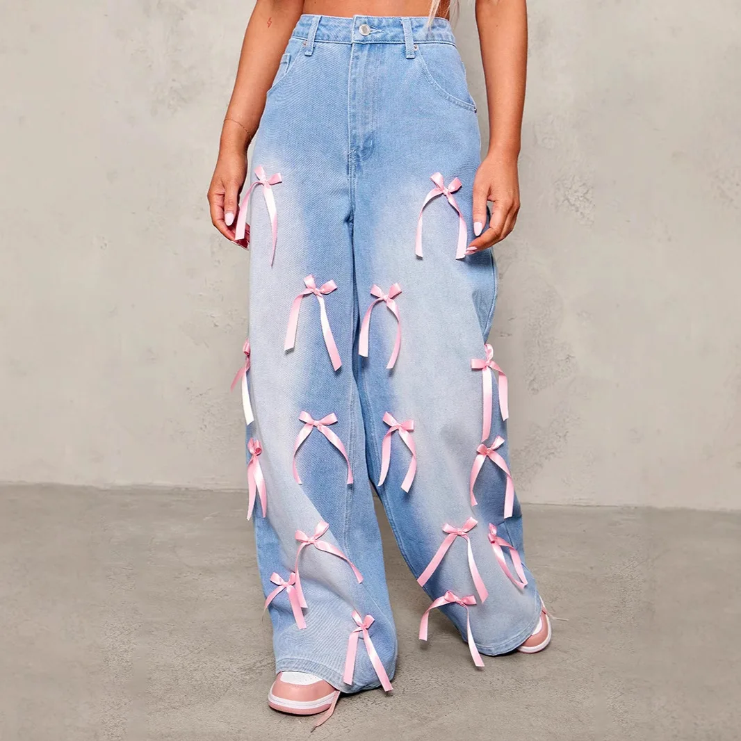 

Washed Jeans High Waist Bow Collage Mopping Floor Wide Leg Jeans Street Old Loose Denim Trousers Women's