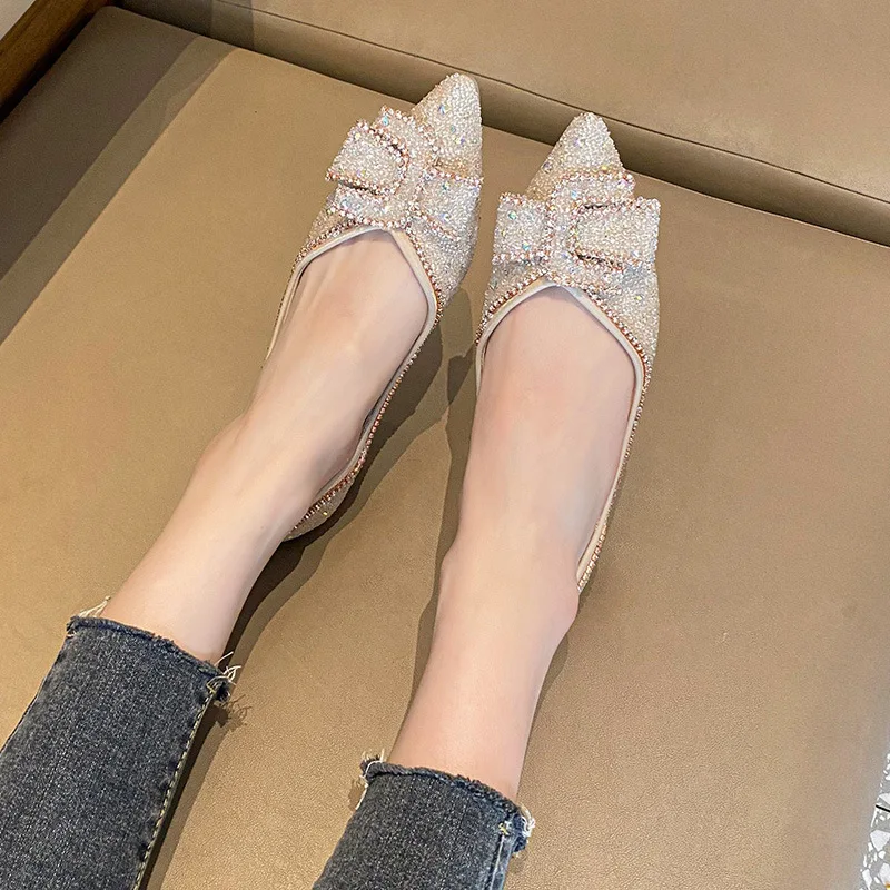 Classic rhinestone casual single shoe women\'s summer 2024 new full diamond ladies pointed shallow mouth large flat shoes 41-43