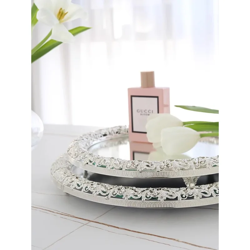 

European afternoon tea snack tray cake dessert table cosmetics display stand silver-plated mirror round ornament decoration