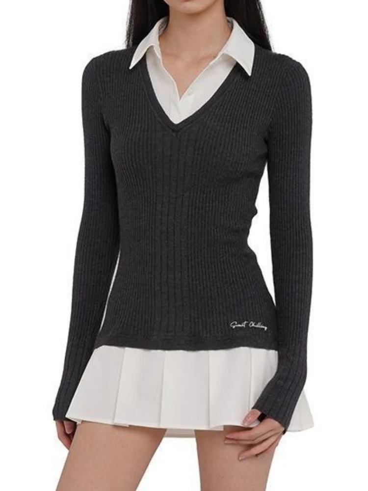 2025 ใหม่ฤดูใบไม้ร่วงปลอม 2 ชิ้นชุดเสื้อคอวีสไตล์จีบ A-Line แขนยาว Street Academic Slimming ชุดมินิ