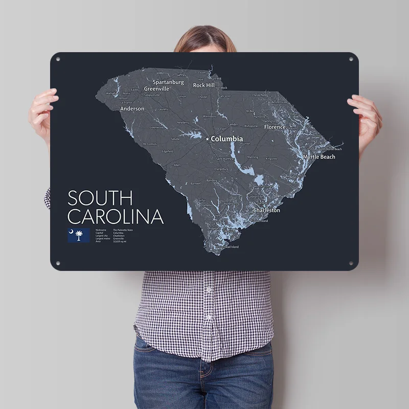 Detailed Map of South Carolina 3D Texture Printed Poster Custom Vintage Metal Tin Plate Sign for Wall Art Garage Decoration Room