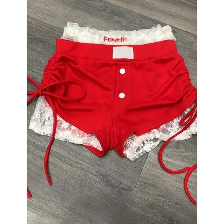 

Red Lace Trimmed Lantern ort Pants Women's Casual Summer Faion Dstring Pleated Y2K Underwear by Aby Cultural Cany