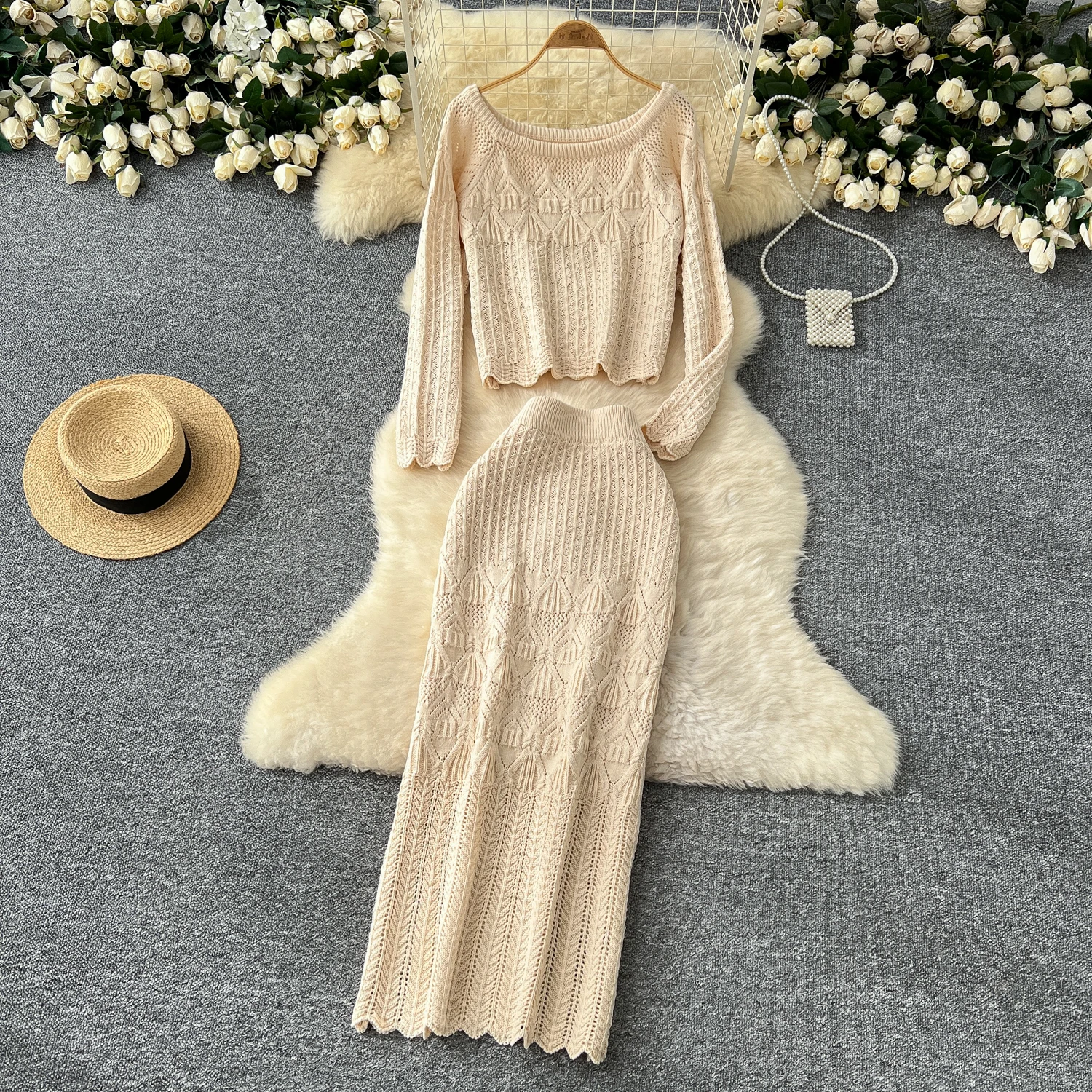 Women Two-Piece Sets Vintage O-neck Long Sleeve Short Top and High Waist Skirt Korean High Street Autumn Winter Knitted Clothing