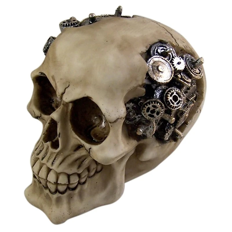 

Steampunk Cyborg Protruding Gear Work Human Head Skull Statue Clockwork Gear Design Skeleton Cranium Figurine