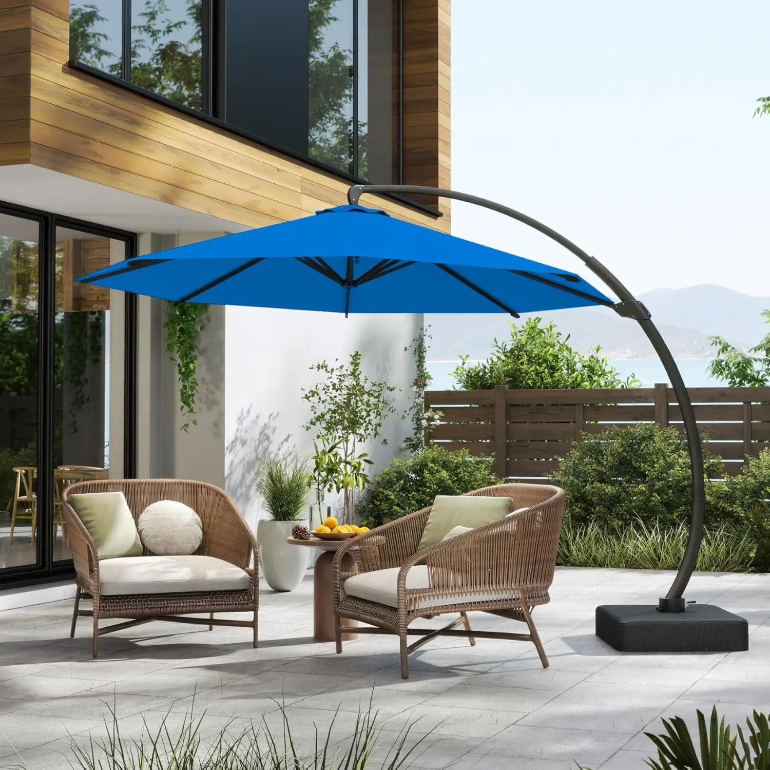 

11FT Cantilever Umbrella with Base Large Curvy Outdoor Aluminum Offset Umbrella w/ 360° Rotation, UV Resistant Canopy