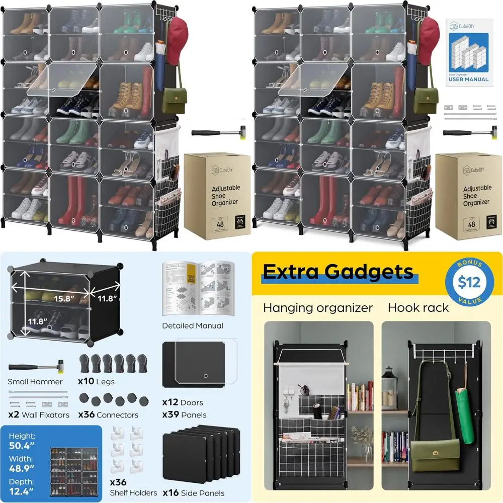 

48-Pair Clear Plastic Shoe Storage Cabinet with Stackable Design, Cubby Organizer featuring Doors, Hooks, and Pockets in Black