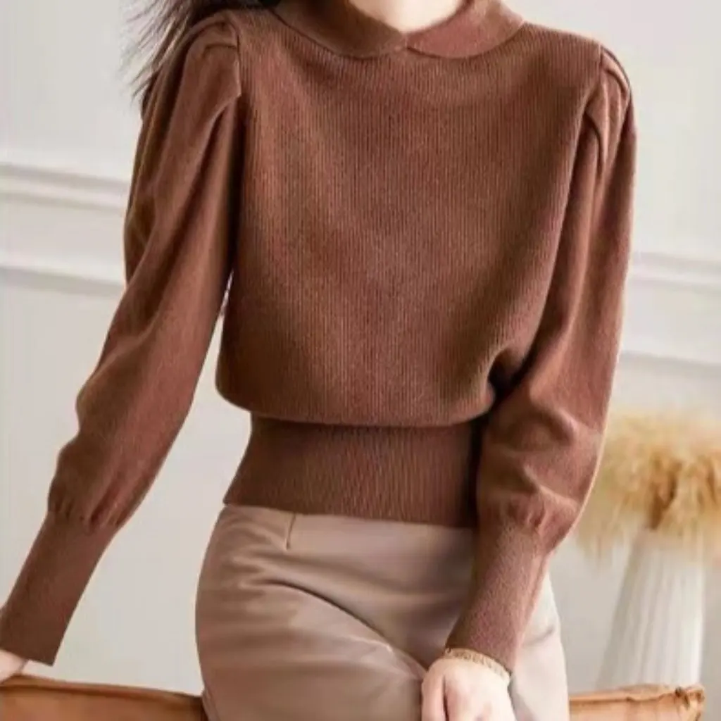 

Women's Doll Collar Imitation Wool Sweater High Waist Short Outer Wear Fashion Spring Autumn Inner Base Shirt