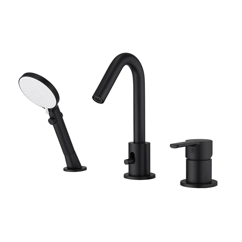 3 Hole Round Shape Big Flow Rate Deck Mount Bathtub Faucet Set With Pull Out Shower Head In Chrome And Matte Black view 2