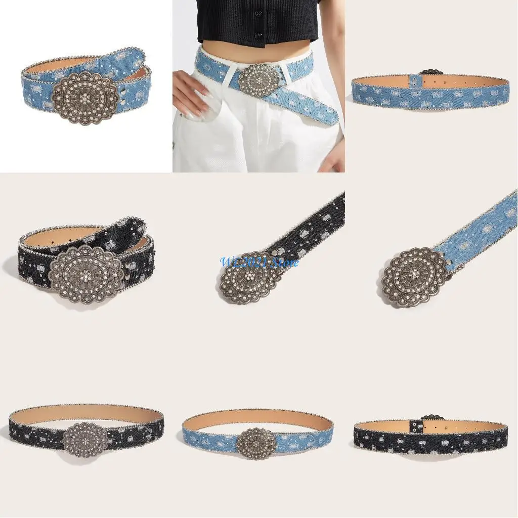 

G5GC PU Leather Belts with Relief Flower Buckle Adjust Size Buckle Waist Belt Woman Jeans Dresses Skirt Coat Waistband