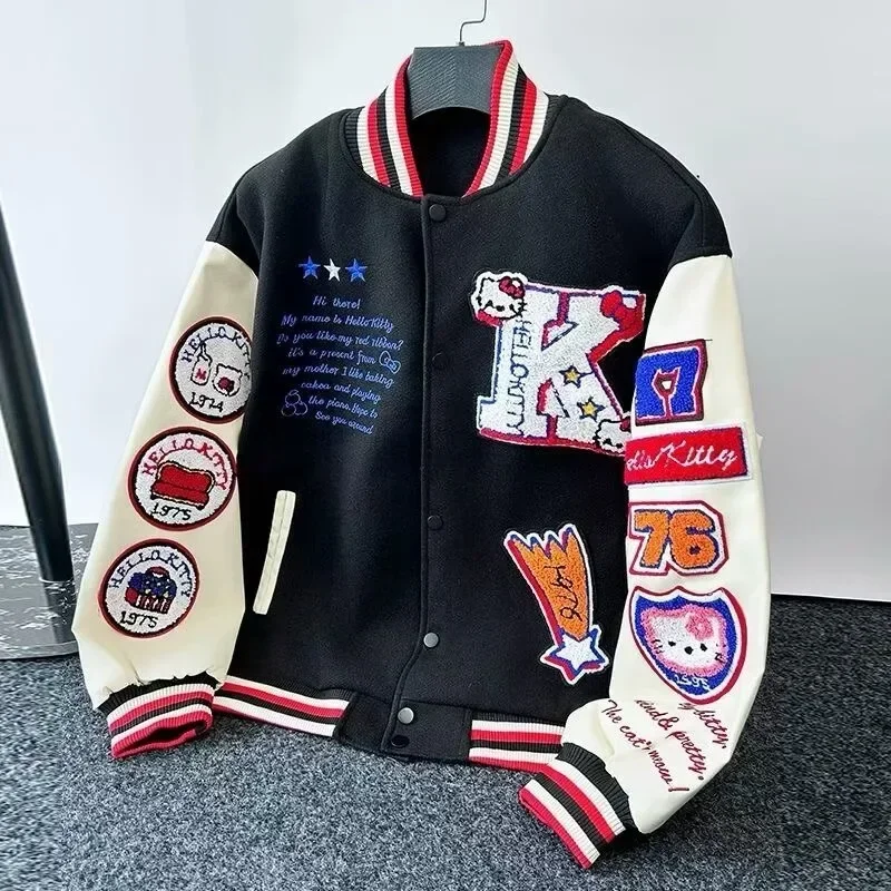 

Kawaii Sanrio HelloKitty Baseball Jacket Coat Hoodie Print Sport Baseball Uniforms Motorcycles Warm Coats Cardigan Hip-hop Style