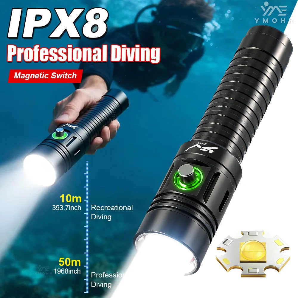 

Новый подводный фонарь 2026 года, водонепроницаемый IPX8, перезаряжаемый светодиодный фонарь, силиконовый ремешок на запястье, 50 м, для дайвинга и подводного плавания