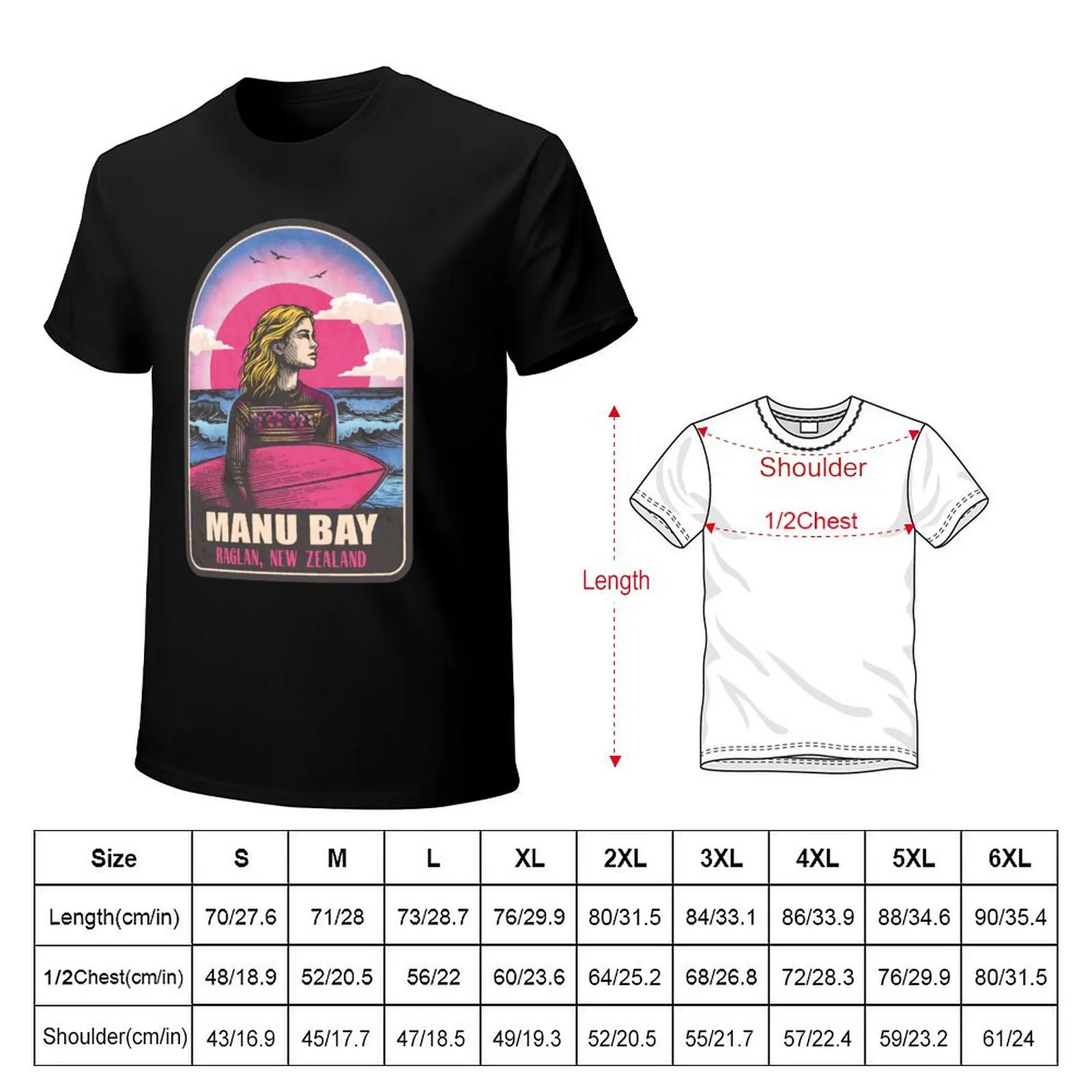 Manu Bay Raglan New Zealand Vintage Surfing Graphic T-Shirt Soft Touch Basic Cotton T-Shirt