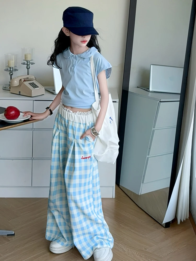 

Girls' Summer Wide-Leg Plaid Pants Set2026Youth AcademyPoloCollarTBlue casual two-piece shirt set