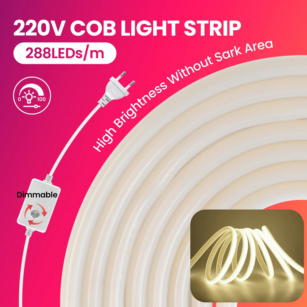 Dimmbarer 220-V-COB-LED-Neonstreifen-Lichtschalter-Dimmer-Netzteil, 5 m, 10 m, 30 m, 3000 K, 4000 K, 6000 K, 288 LEDs, Flexband, 0,5 m wasserdicht