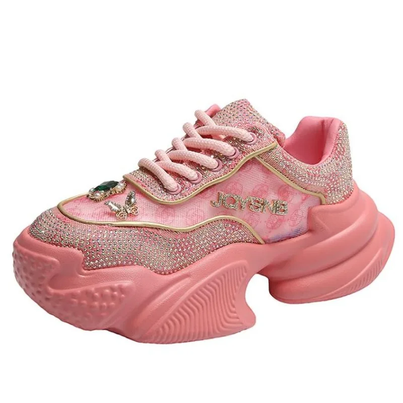 7.5cm Summer Luxury Designer Women Daddy Sneakers con strass fondo spesso Mesh Pink Sweet Ladies Tenis Platform Shoes Spring