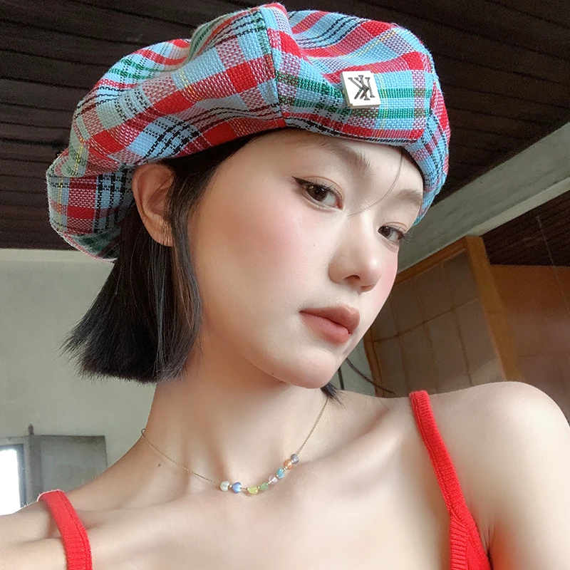 Retro Contrasting Color Plaid Berets for Women Show Face Small Spring Summer Japanese Casual Versatile Literary Painter Hats