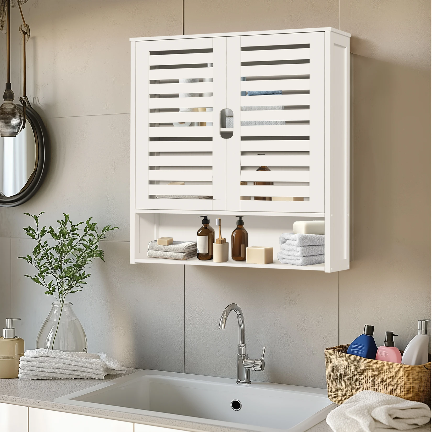 Bamboo Kitchen Bathroom Cabinet Wall Mounted Storage Shelf Organizer with 2 Doors