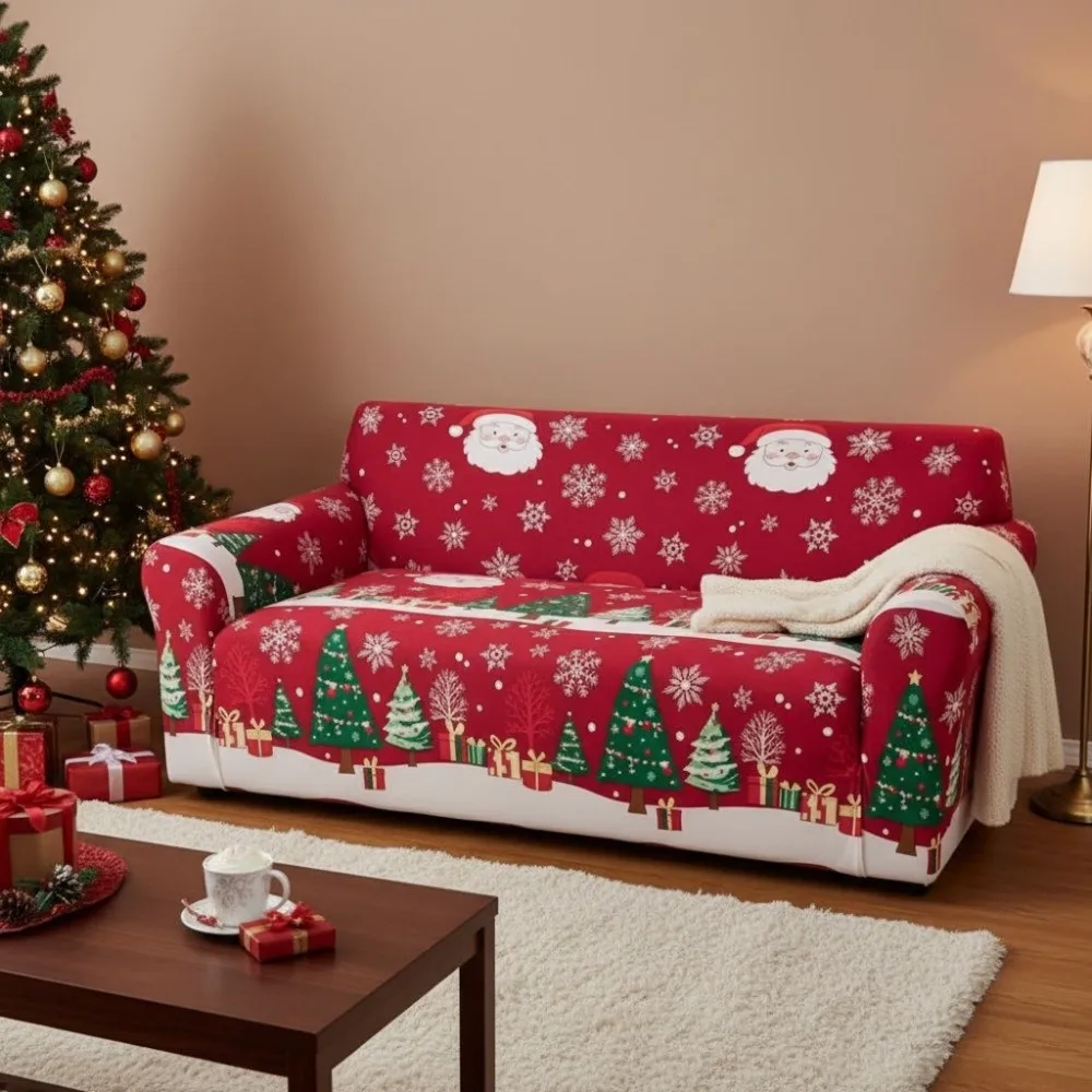 Practical Elastic Christmas Sofa Cover All-inclusive Red Couch Protector Dirt-resistant Nonslip Furniture Protector New Year