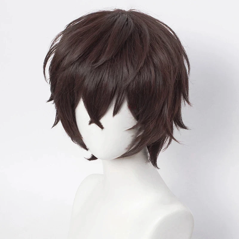 Anime Bungo Stray Dogs Cosplay Dazai Osamu Parrucca Corta Marrone Capelli Ricci Resistente Al Calore Capelli Sintetici Parrucche di Halloween + Protezione Della Parrucca