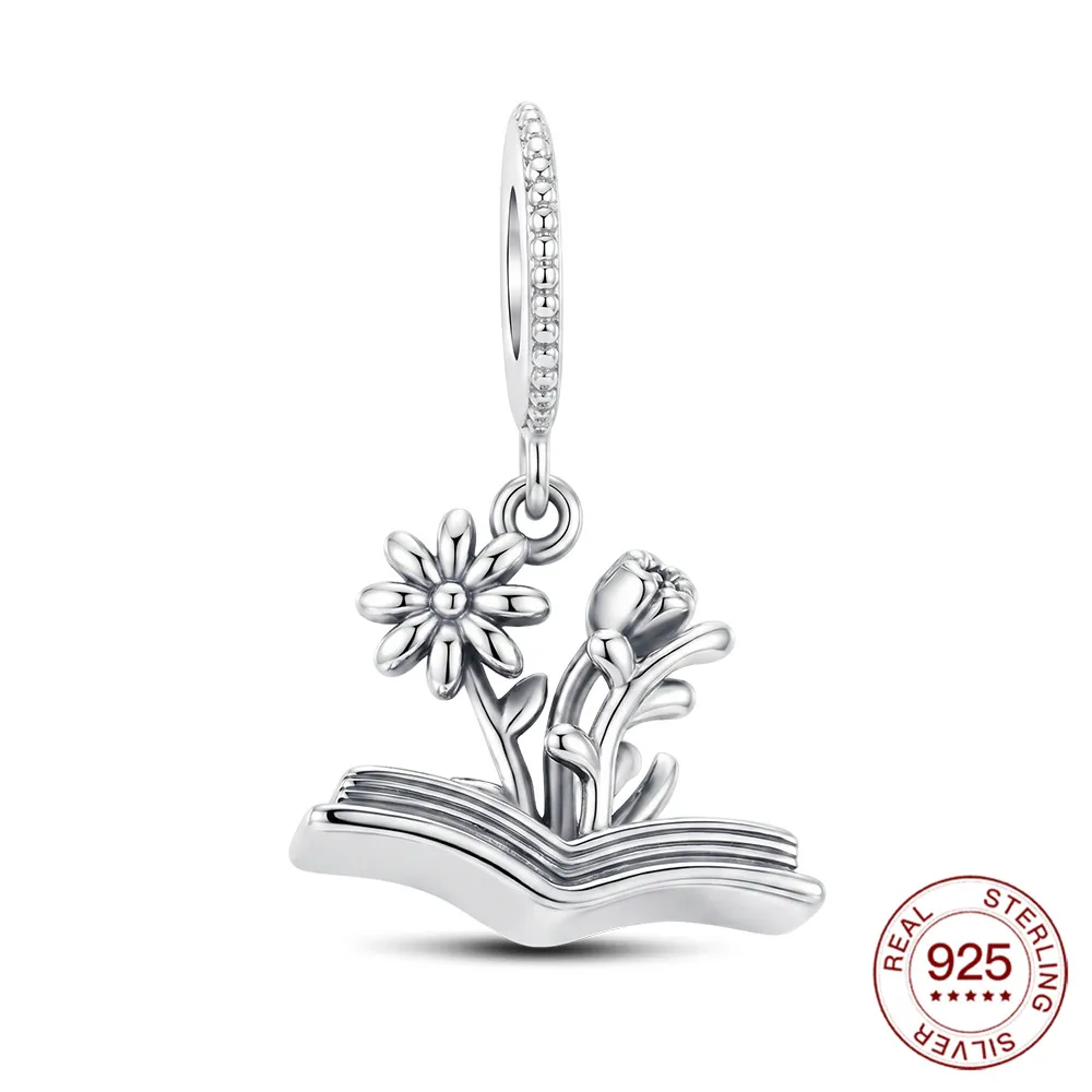 925 Sterling Silver Charms Teacher's Day Book And Bouquet Pendant Jewelry Making For Original Bracelet Ladies Jewelry DIY Gifts