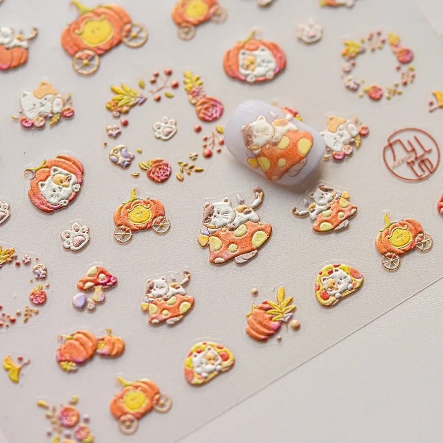 1 stücke 5d Pilz Katze Nagel Aufkleber Relief japanische Kawaii Kürbis Tiere Kleber Nail Art Aufkleber Dekorationen Zubehör DIY