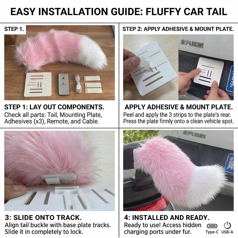 Motorcycle Car Tail Kawaii Car Decoration Electric Scooter Wagging Tail Rechargeable Plush Fluffy Tail For The Car image 6