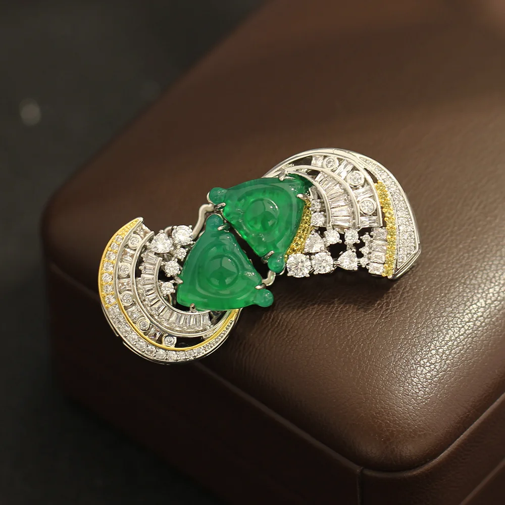 New Chinese Style Heavy Industry Detachable Combination Brooch Double Color Gold Zircon Imitation Jade Accessory Pin for Women