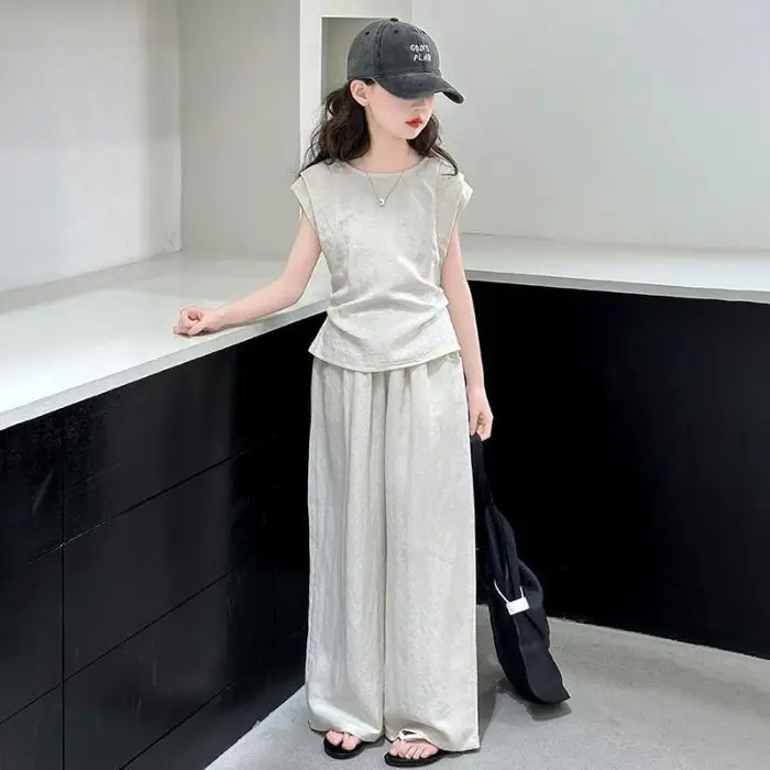 2026 summer girls Cloth Children set Teenager narrow waist short sleeve top t shirt + wide leg long pants 4 8 10 12 year apricot