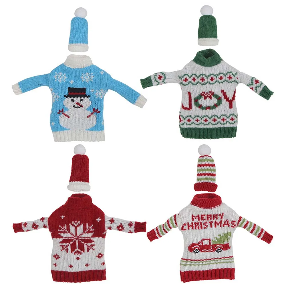 Knitted Clothes with Hats Christmas Wine Bottle Cover Christmas Decorations Cartoon Champagne Wine Bag Snowman Portable