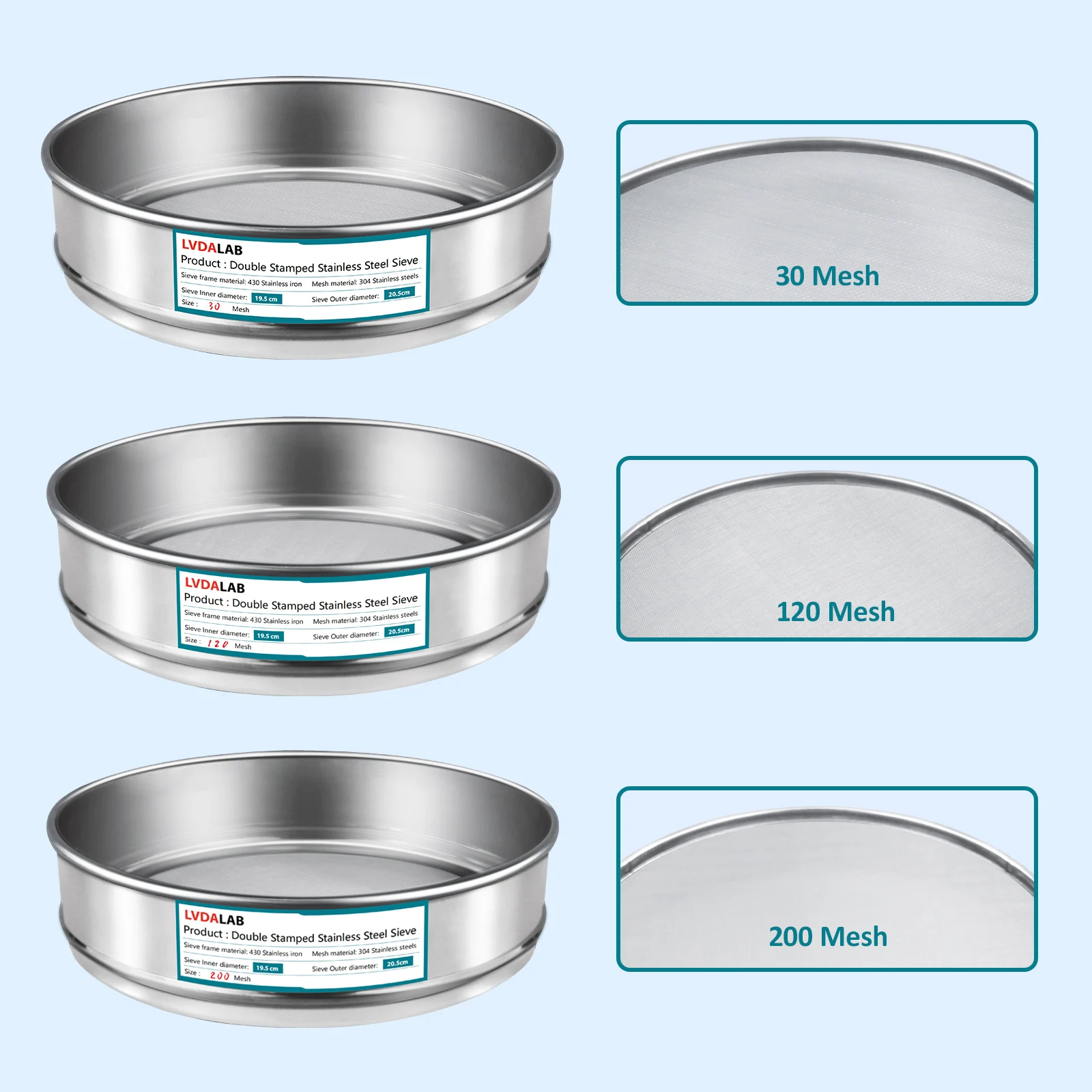 3pcs/lot Standard Lab Test Sieve Set Assortment 304 Stainless Steel Mesh Sieve Aperture Test Sieve Dia 20cm