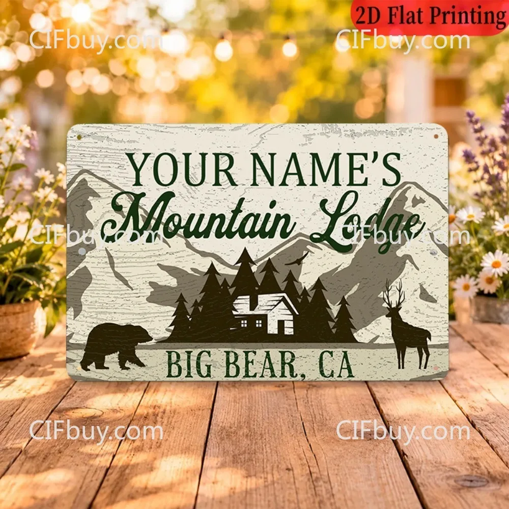 Custom Name Mountain Lodge Metal Sign 1pc [2D Flat] Bear Deer For Cabin Outdoor Wall Ornament Decor