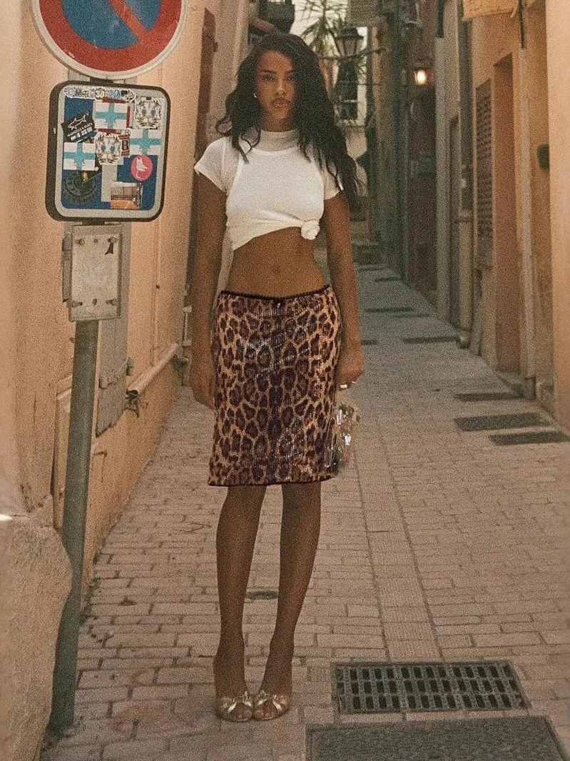 Leopard Print Sequined Hip Hing Skirt Women's  Skirt Sexy Style mid Waist PVC Fabric Citywalk Suitable Batwing Type