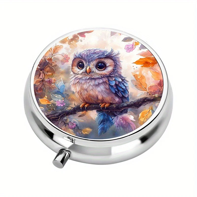 1 pill box with 3 compartments, cute owl and autumn leaf themed mini pill box, portable for travel or as a wallet pill box, decorative pill box